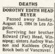 Dødsmelding Dorothy Edith Head Beyer